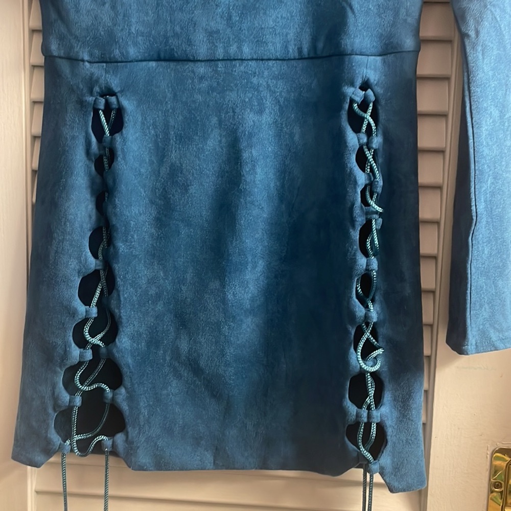 Oh Polly Tied and gone to Heaven Faux Suede Lace up Dress in Petrol Blue Size 8 - Picture 7 of 8
